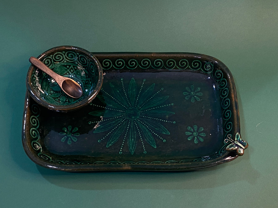 Charola rectangular de barro vidriado con pajaritos y mini bowl
