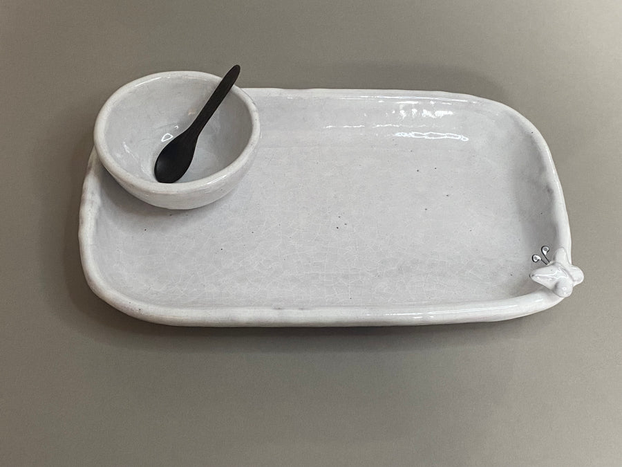 Charola rectangular de barro vidriado con pajaritos y mini bowl